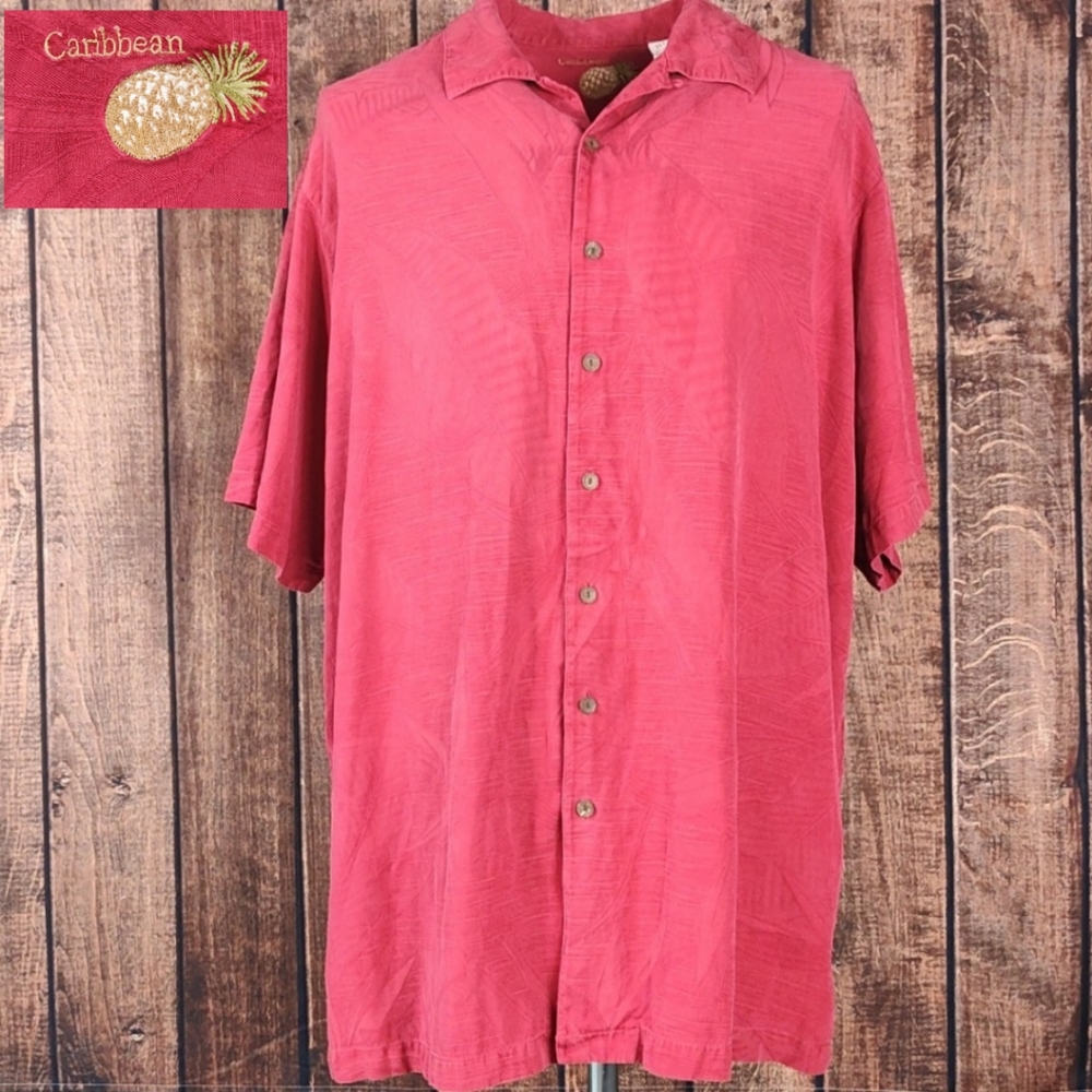 Vtg Red Silk Blend Carribean Pineapple Men's Hawaiian Wedding Shirt Tall
